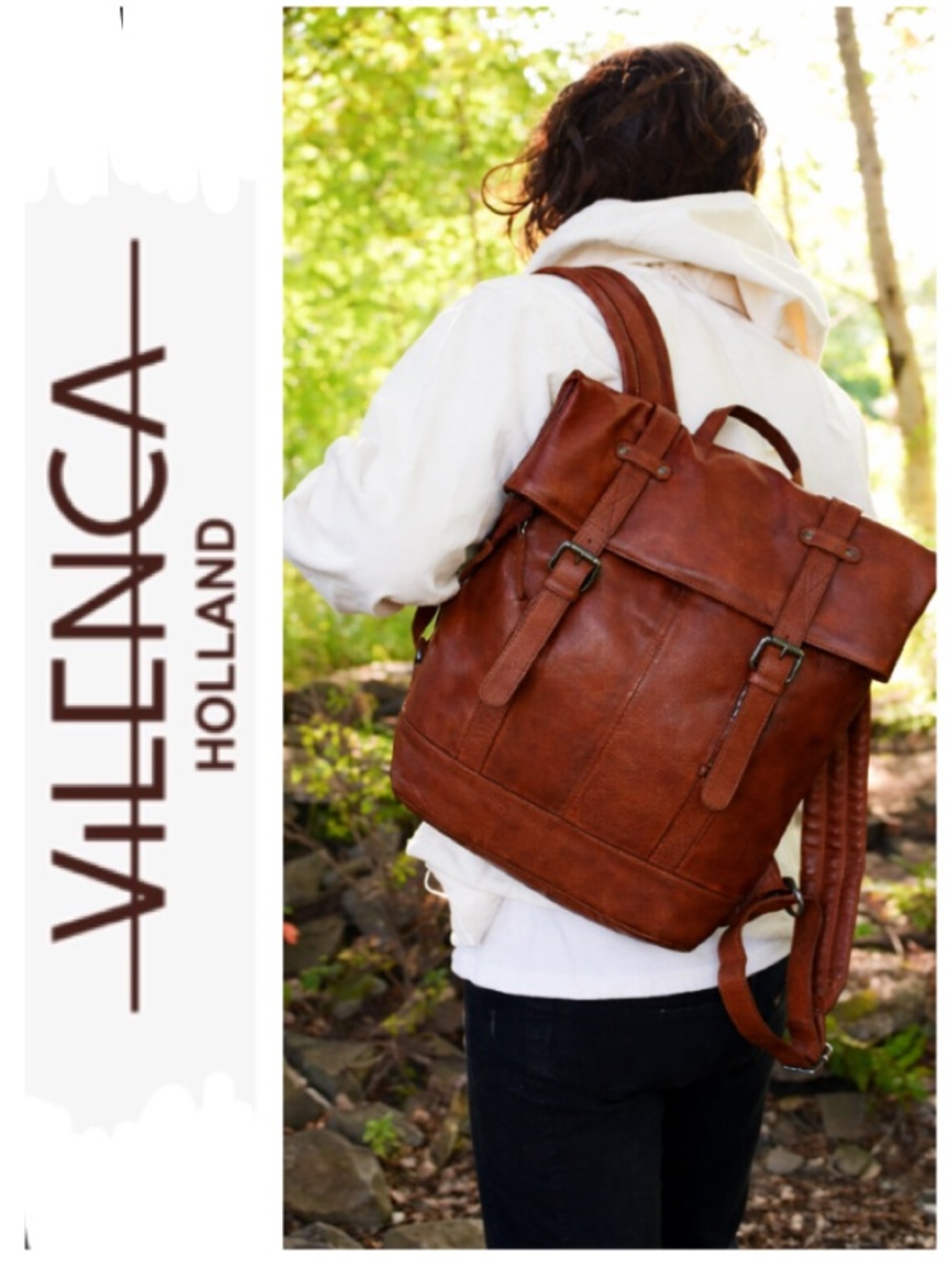 Vilenca Holland Seren Tech unisex genuine leather roll-top backpack in ‘Cognac’
